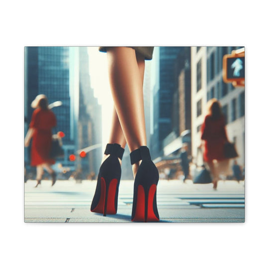 Strut in Style Canvas Art - Woman’s Leg in Red Bottom Heels with Vibrant Downtown Backdrop