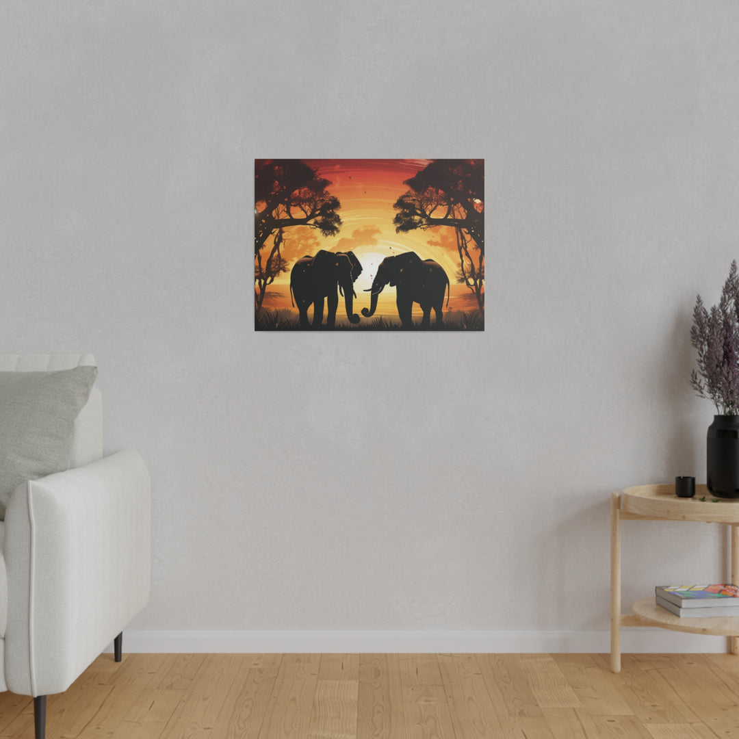 Kissing Elephants at Sunset Canvas Art – Majestic Love in the Wild