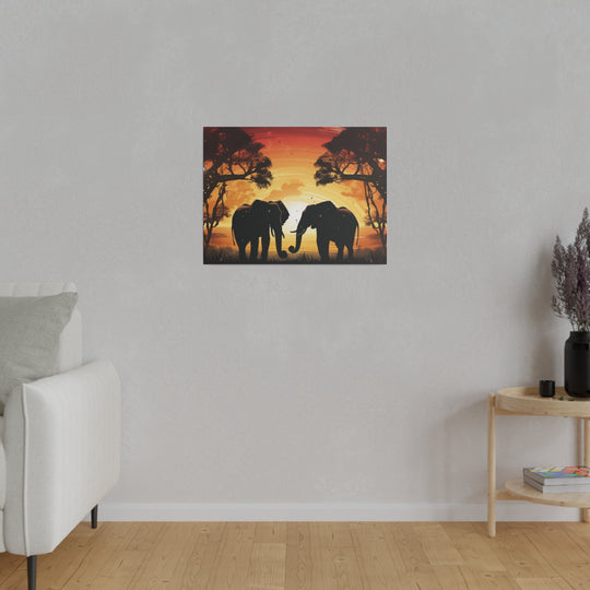 Kissing Elephants at Sunset Canvas Art – Majestic Love in the Wild