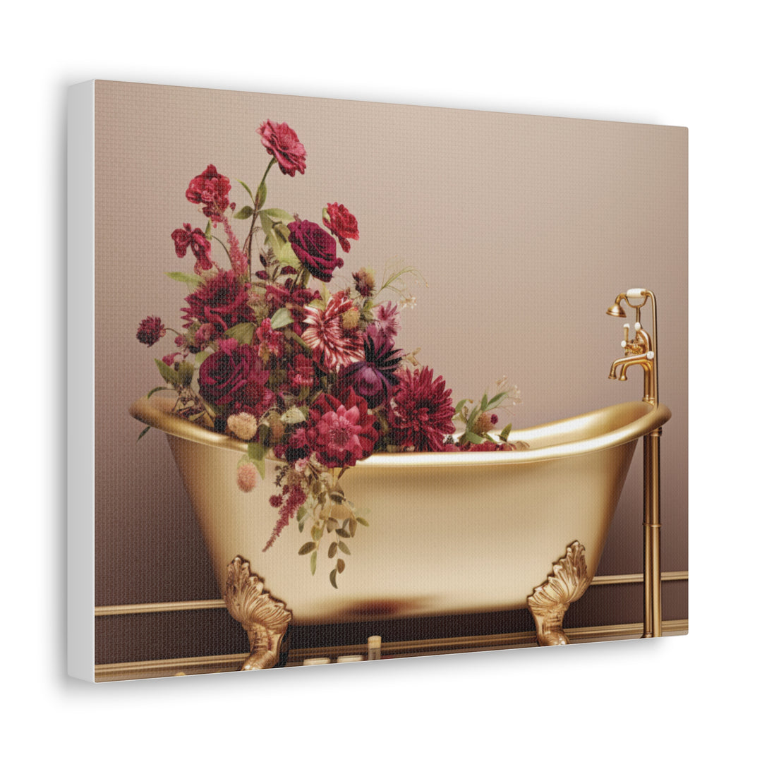 Luxury in Bloom: Golden Tub & Wildflowers Canvas Art – Elegance Meets Nature for a Serene Space