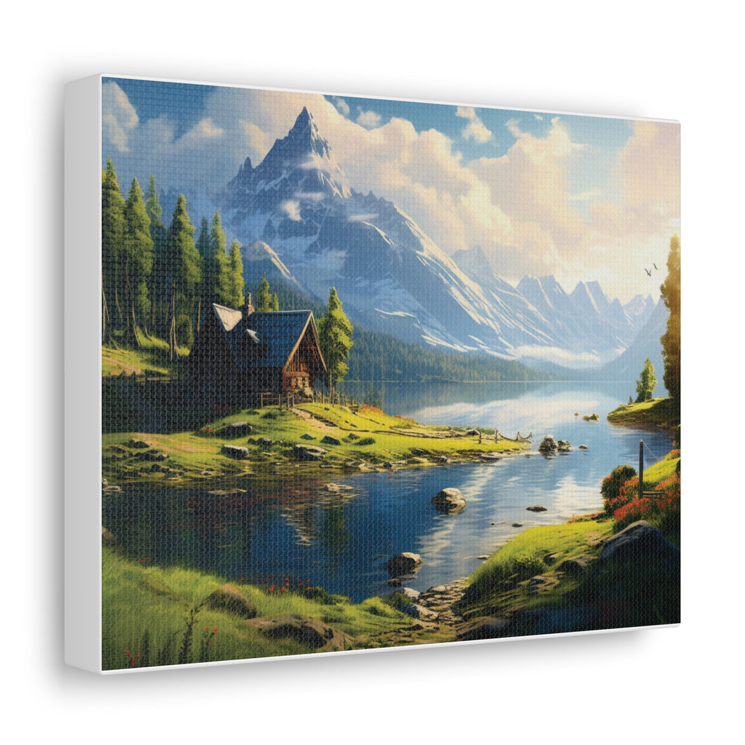 unlit Serenity: Snowy Mountain & River House Canvas Art - Nature’s Tranquil Escape