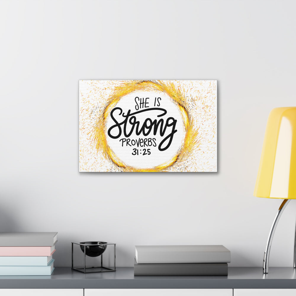 Empowered Elegance: "She Is Strong" Scripture Canvas Art – Uplifting Wall Decor for Women’s Strength and Resilience