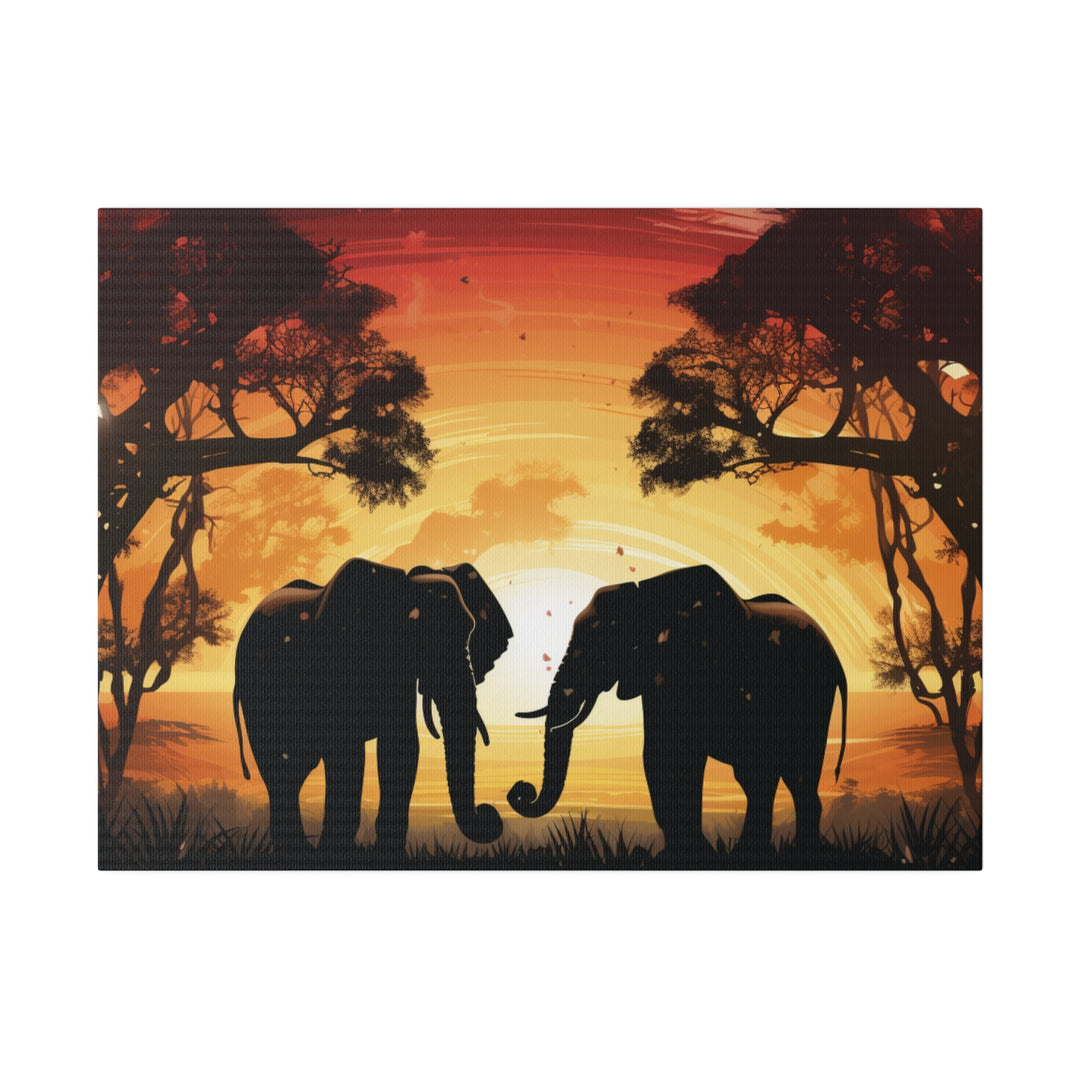 Kissing Elephants at Sunset Canvas Art – Majestic Love in the Wild