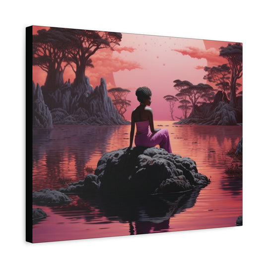 Moonlit Serenity: Captivating Woman Silhouette Canvas – Sunset Reflection Art with Pink Hues