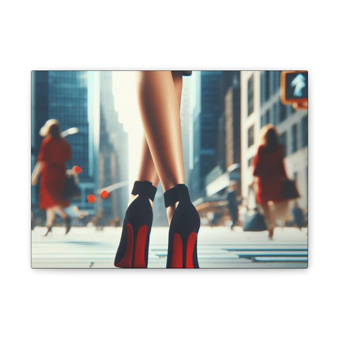 Strut in Style Canvas Art - Woman’s Leg in Red Bottom Heels with Vibrant Downtown Backdrop