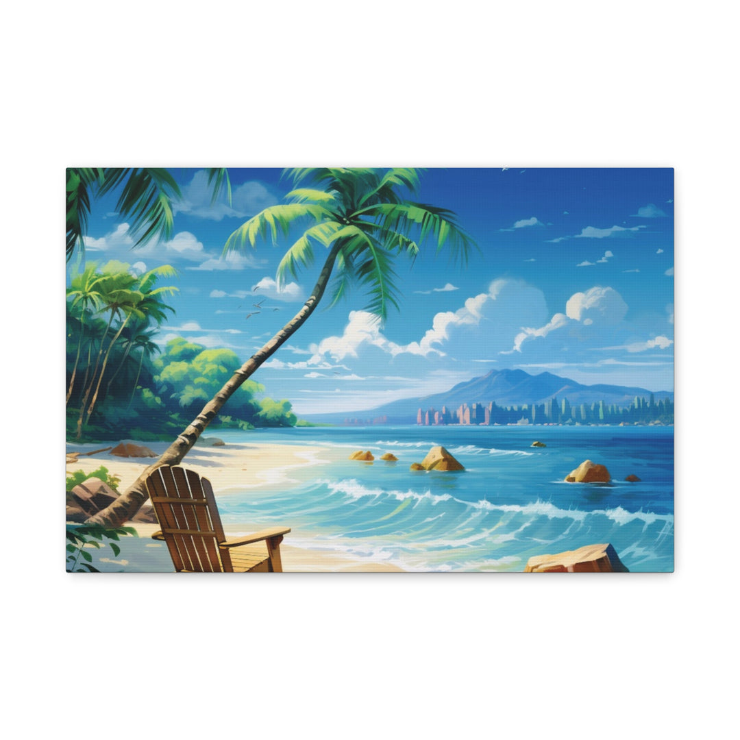 Serenity Shores: Palm Tree & Rocking Chair Canvas Art - Relaxation by the Waves