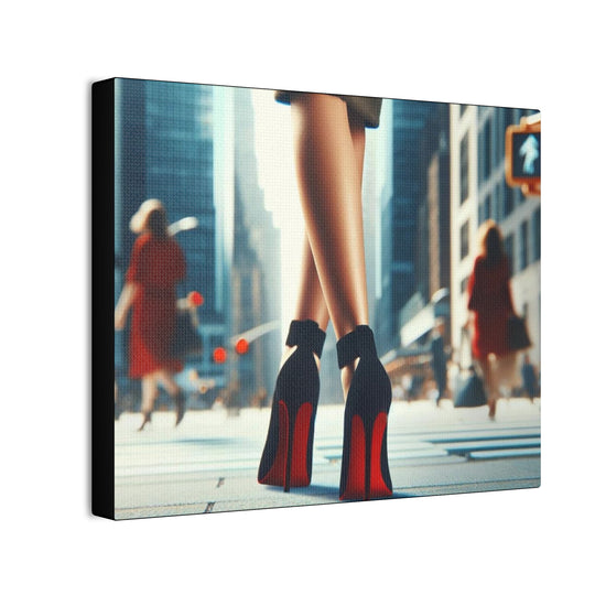 Strut in Style Canvas Art - Woman’s Leg in Red Bottom Heels with Vibrant Downtown Backdrop