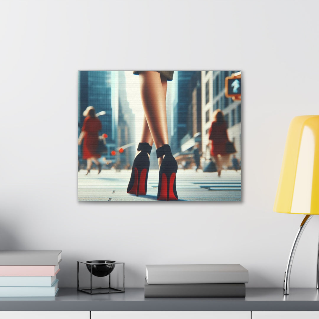 Strut in Style Canvas Art - Woman’s Leg in Red Bottom Heels with Vibrant Downtown Backdrop