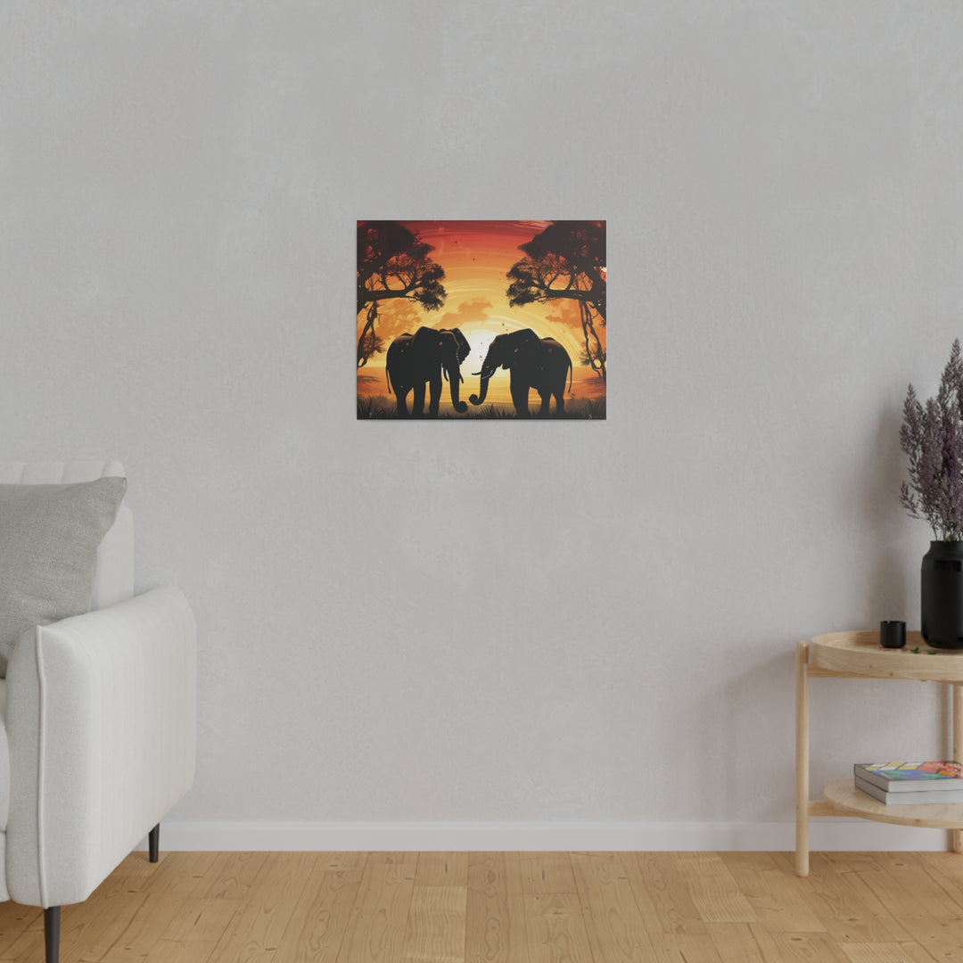 Kissing Elephants at Sunset Canvas Art – Majestic Love in the Wild