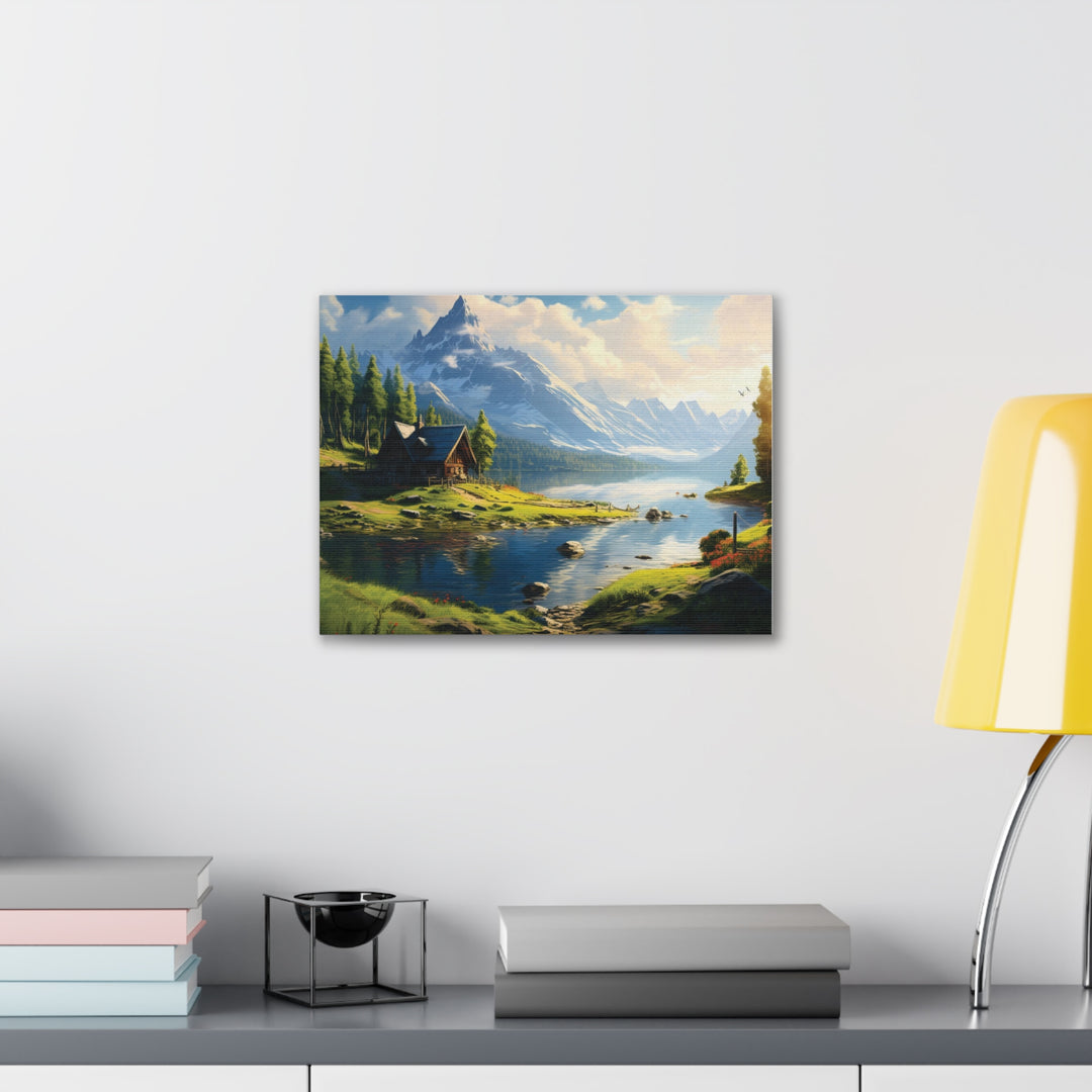 unlit Serenity: Snowy Mountain & River House Canvas Art - Nature’s Tranquil Escape