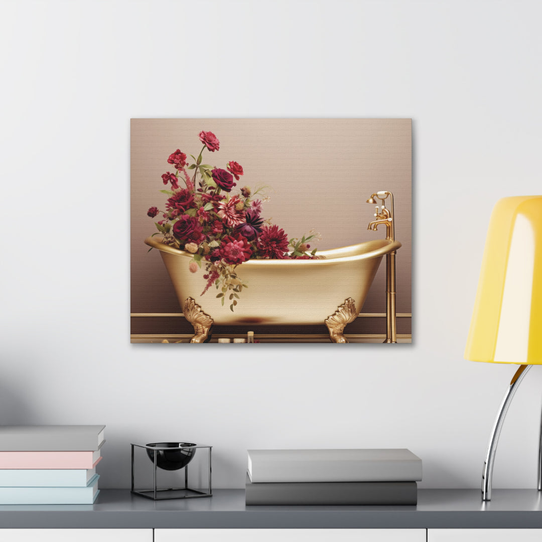 Luxury in Bloom: Golden Tub & Wildflowers Canvas Art – Elegance Meets Nature for a Serene Space