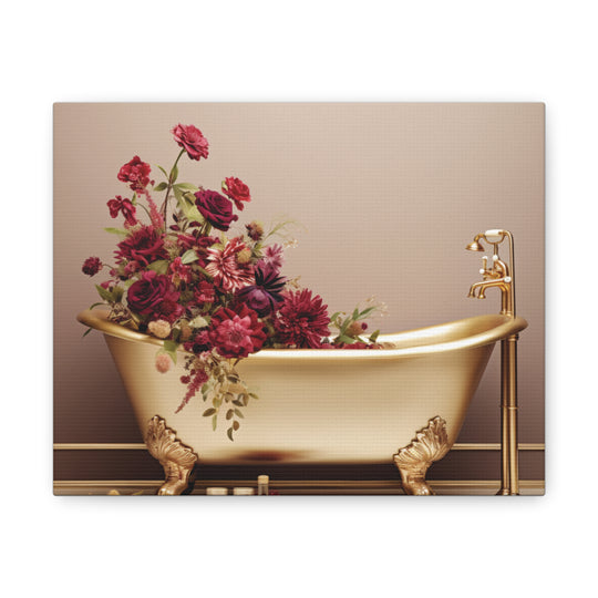 Luxury in Bloom: Golden Tub & Wildflowers Canvas Art – Elegance Meets Nature for a Serene Space