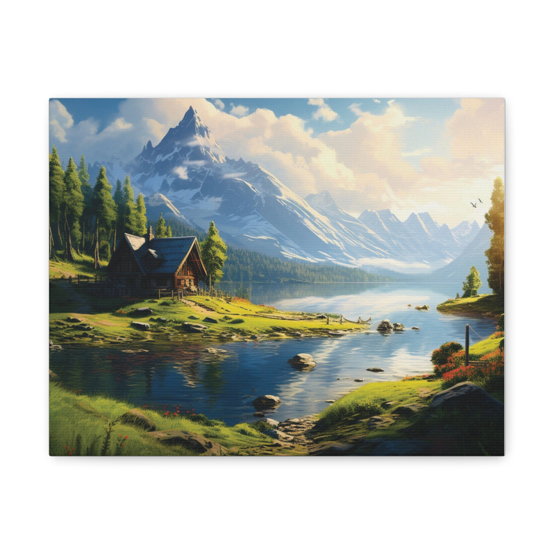 unlit Serenity: Snowy Mountain & River House Canvas Art - Nature’s Tranquil Escape