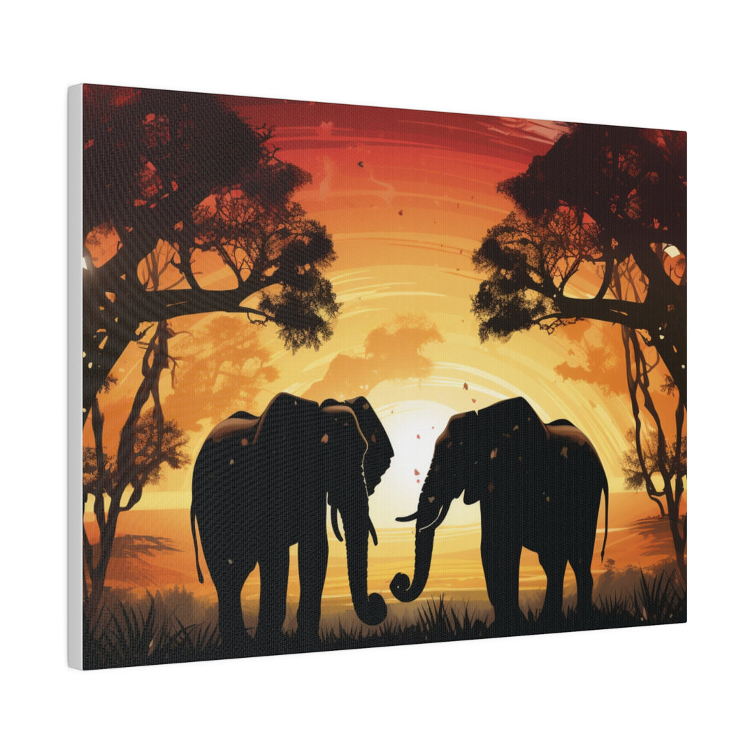 Kissing Elephants at Sunset Canvas Art – Majestic Love in the Wild