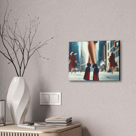 Strut in Style Canvas Art - Woman’s Leg in Red Bottom Heels with Vibrant Downtown Backdrop