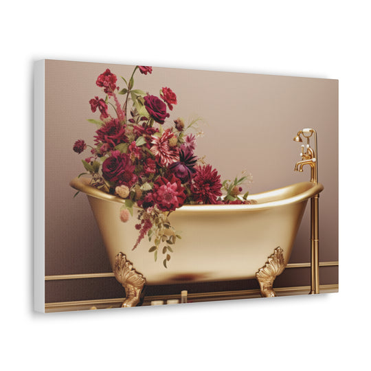 Luxury in Bloom: Golden Tub & Wildflowers Canvas Art – Elegance Meets Nature for a Serene Space