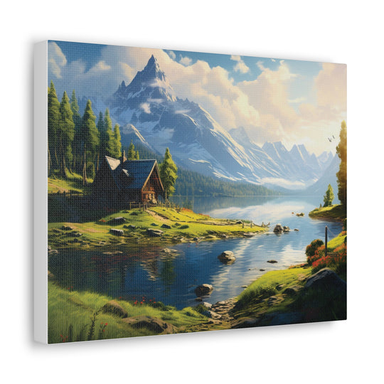 unlit Serenity: Snowy Mountain & River House Canvas Art - Nature’s Tranquil Escape