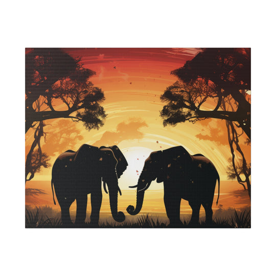 Kissing Elephants at Sunset Canvas Art – Majestic Love in the Wild