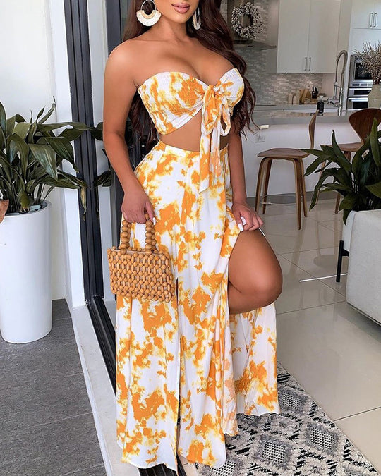 Sun-Kissed Sensation: Sexy Bandeau Strapless Crop Top & Slit Maxi Skirt