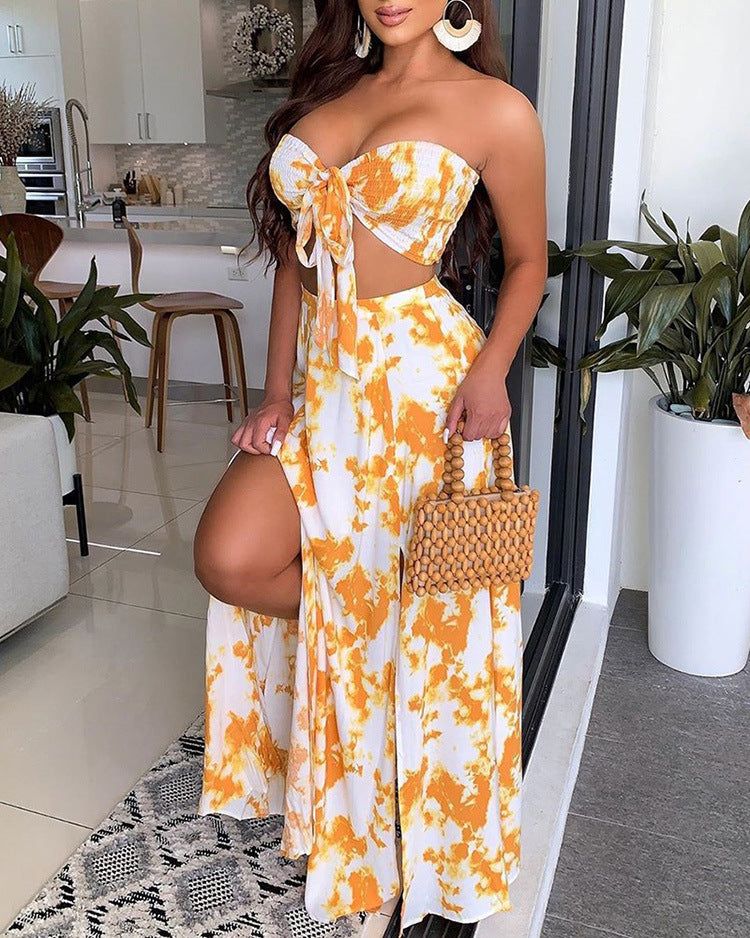 Sun-Kissed Sensation: Sexy Bandeau Strapless Crop Top & Slit Maxi Skirt