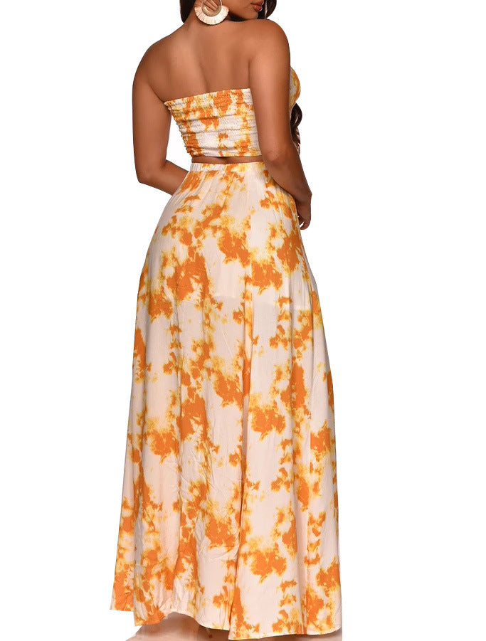 Sun-Kissed Sensation: Sexy Bandeau Strapless Crop Top & Slit Maxi Skirt