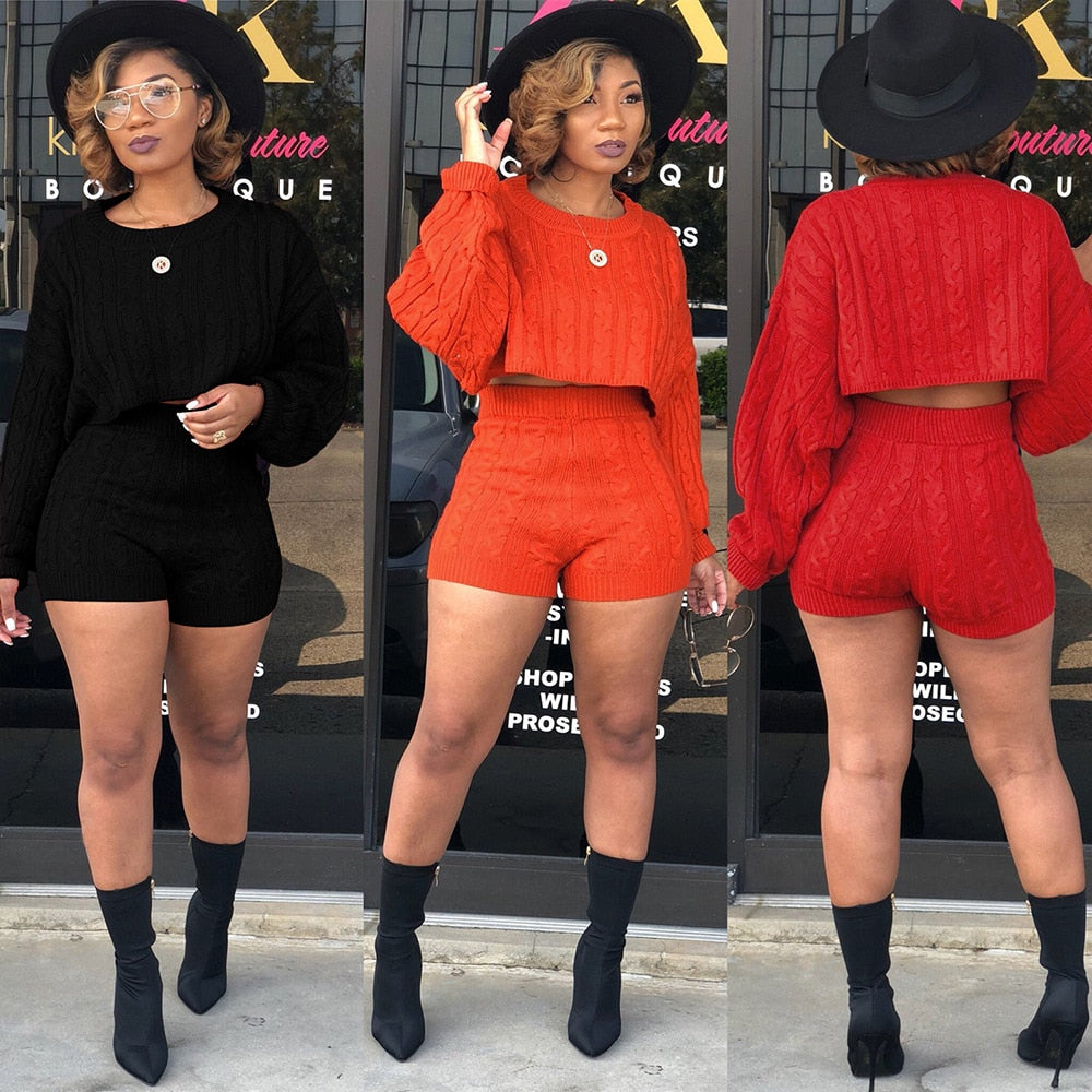 Cozy Chic: Autumn-Winter Knit Sweater & Bodycon Shorts Set