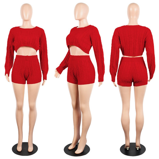 Cozy Chic: Autumn-Winter Knit Sweater & Bodycon Shorts Set