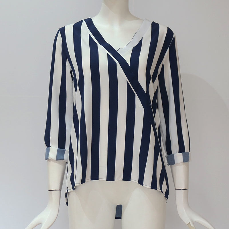 Effortless Elegance: Women’s Striped Long Sleeve V-Neck Casual Blouse