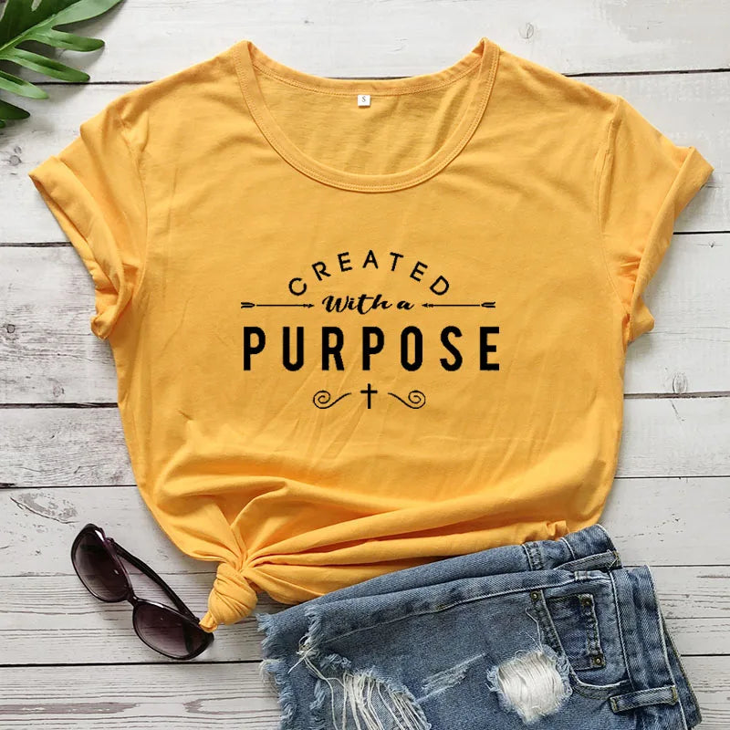 Created With a Purpose Cross Christian T-Shirt Stylish Funny Cotton Tee Casual Bible Verse Clothing Tops Tumblr gift t shirts