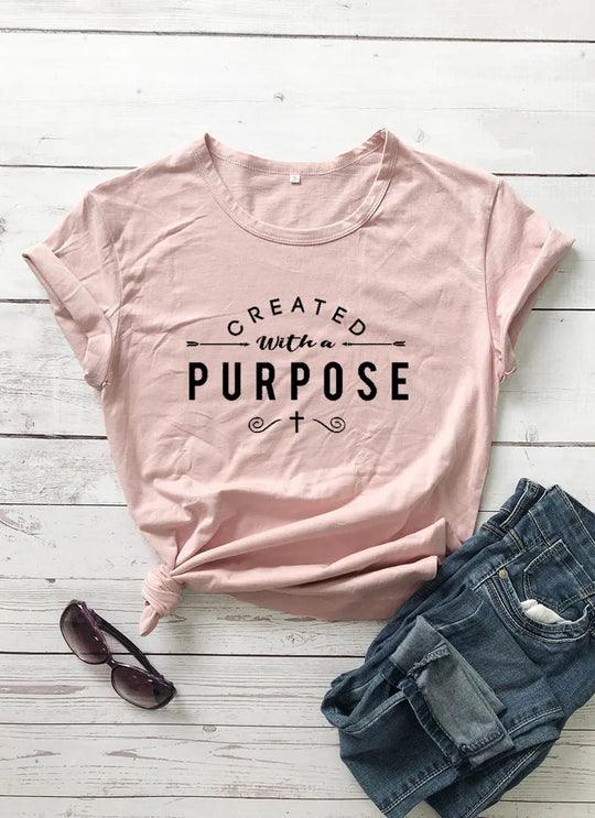 Created With a Purpose Cross Christian T-Shirt Stylish Funny Cotton Tee Casual Bible Verse Clothing Tops Tumblr gift t shirts