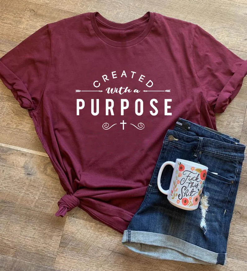 Created With a Purpose Cross Christian T-Shirt Stylish Funny Cotton Tee Casual Bible Verse Clothing Tops Tumblr gift t shirts