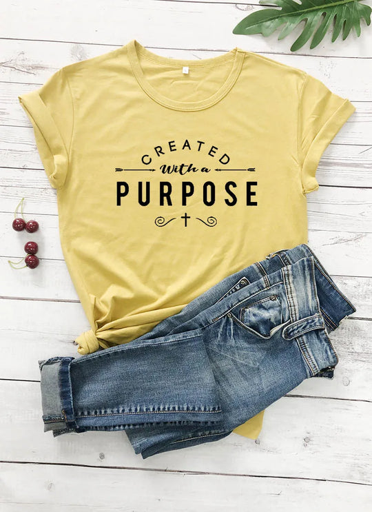 Created With a Purpose Cross Christian T-Shirt Stylish Funny Cotton Tee Casual Bible Verse Clothing Tops Tumblr gift t shirts