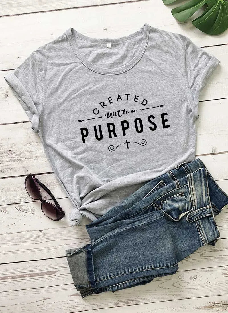 Created With a Purpose Cross Christian T-Shirt Stylish Funny Cotton Tee Casual Bible Verse Clothing Tops Tumblr gift t shirts