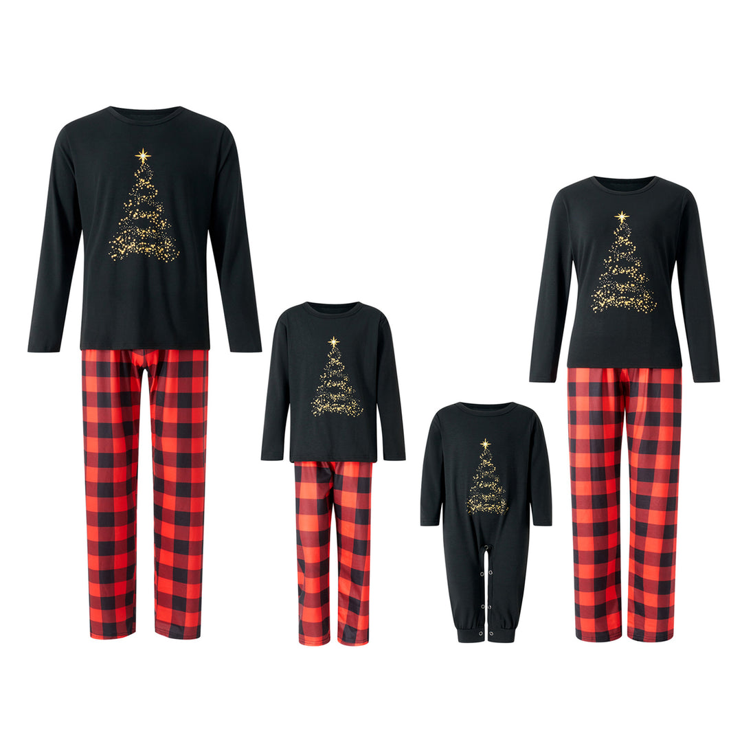 Cozy Family Christmas Pajamas Set – Baby Romper & Christmas Tree Print Long Sleeve Tops with Plaid Pants