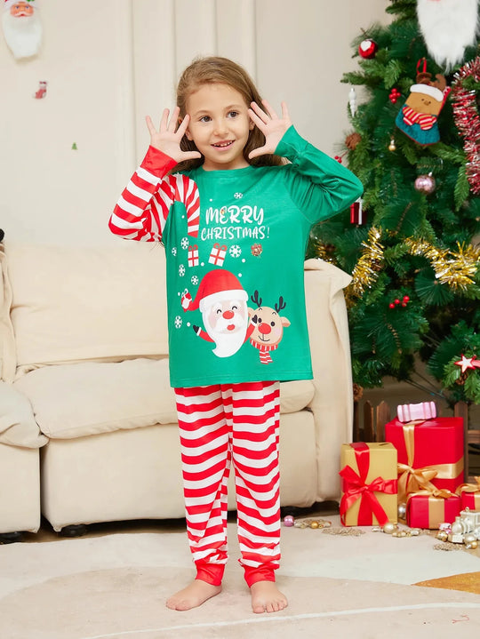 Matching Merry Christmas Family Pajamas Set – Candy Cane Stripes & Festive Green Tops for Holiday Cheer