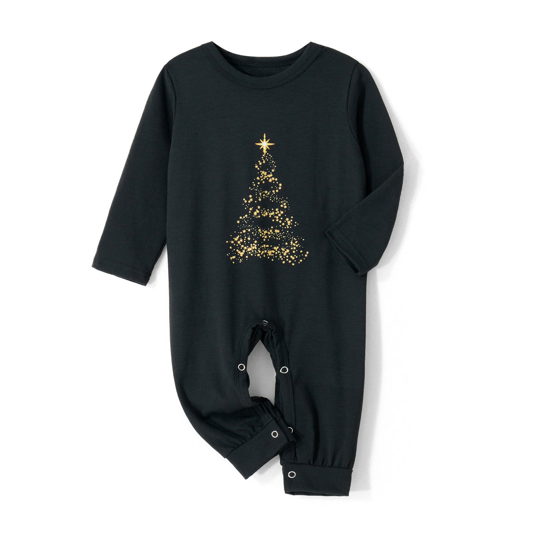 Cozy Family Christmas Pajamas Set – Baby Romper & Christmas Tree Print Long Sleeve Tops with Plaid Pants