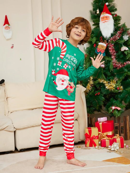 Matching Merry Christmas Family Pajamas Set – Candy Cane Stripes & Festive Green Tops for Holiday Cheer