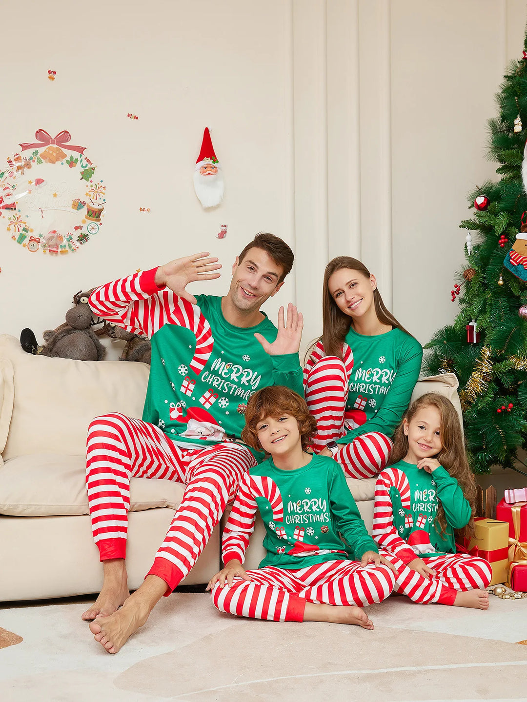 Matching Merry Christmas Family Pajamas Set – Candy Cane Stripes & Festive Green Tops for Holiday Cheer