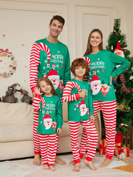 Matching Merry Christmas Family Pajamas Set – Candy Cane Stripes & Festive Green Tops for Holiday Cheer