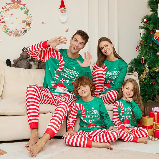 Matching Merry Christmas Family Pajamas Set – Candy Cane Stripes & Festive Green Tops for Holiday Cheer