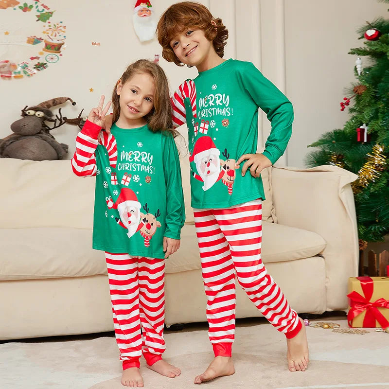 Matching Merry Christmas Family Pajamas Set – Candy Cane Stripes & Festive Green Tops for Holiday Cheer