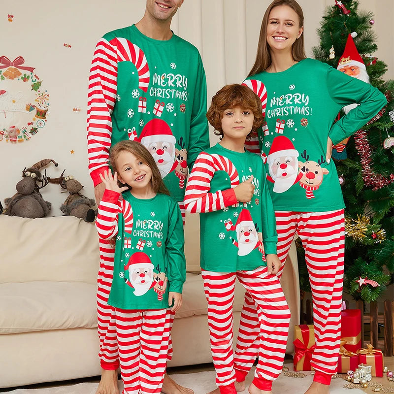 Matching Merry Christmas Family Pajamas Set – Candy Cane Stripes & Festive Green Tops for Holiday Cheer