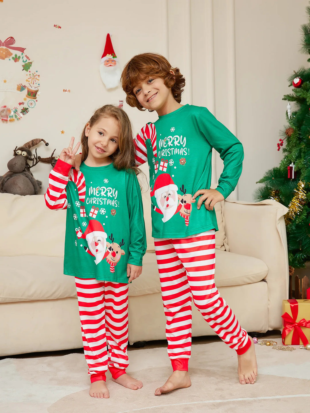 Matching Merry Christmas Family Pajamas Set – Candy Cane Stripes & Festive Green Tops for Holiday Cheer