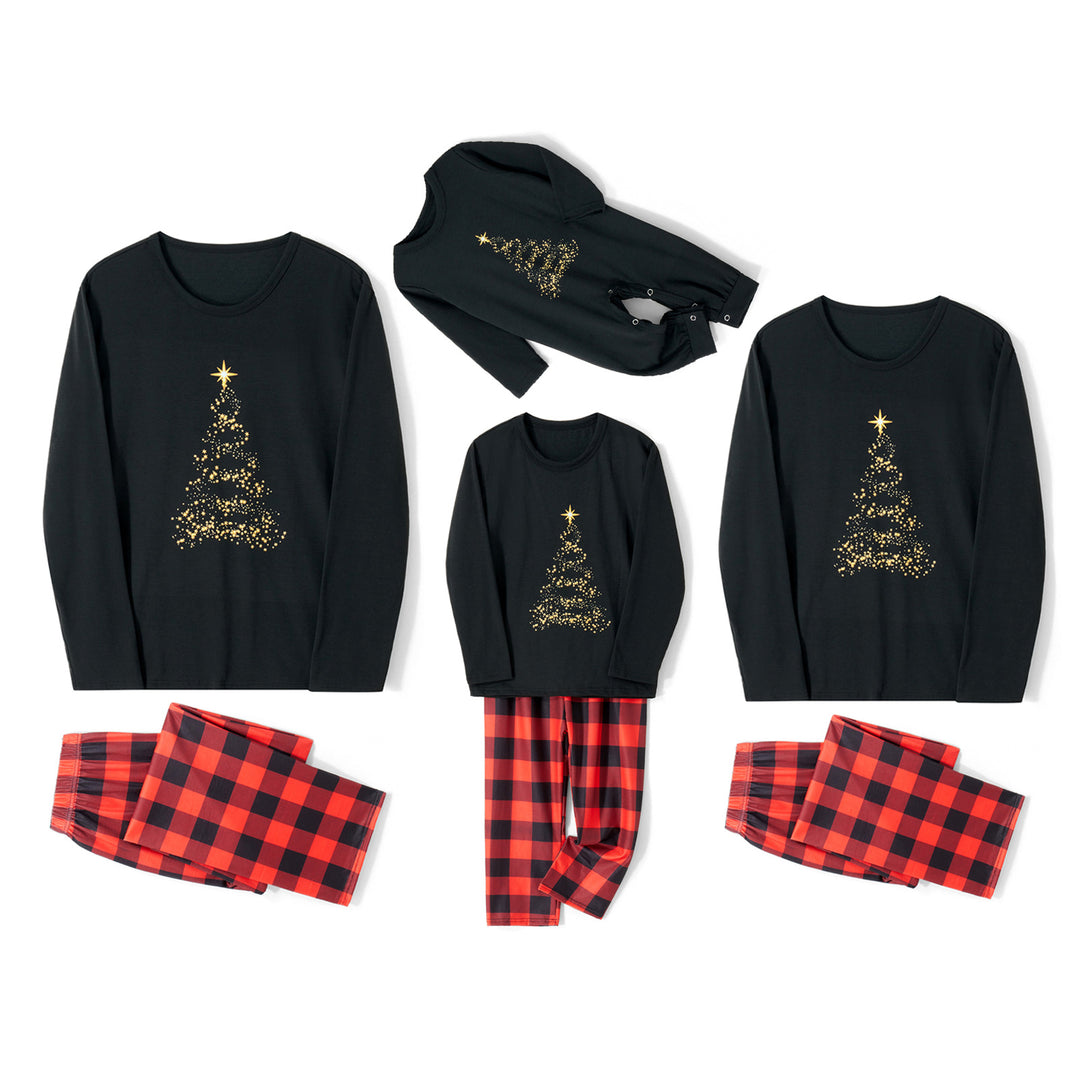 Cozy Family Christmas Pajamas Set – Baby Romper & Christmas Tree Print Long Sleeve Tops with Plaid Pants