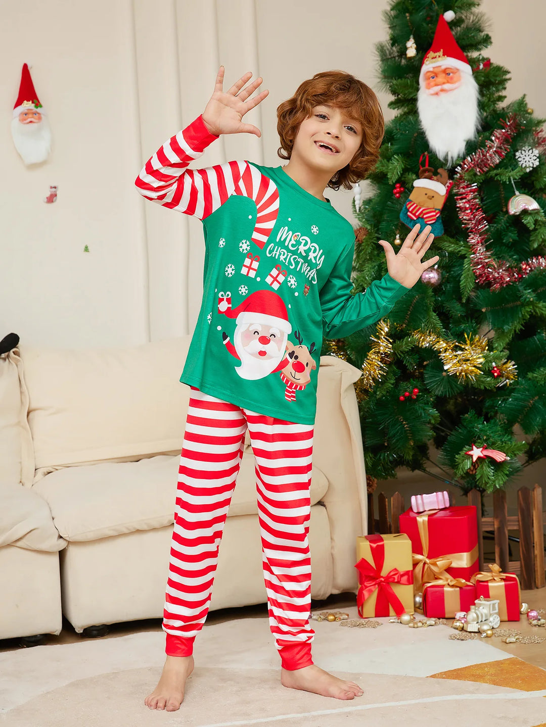 Matching Merry Christmas Family Pajamas Set – Candy Cane Stripes & Festive Green Tops for Holiday Cheer - captivatingconversationsstarters