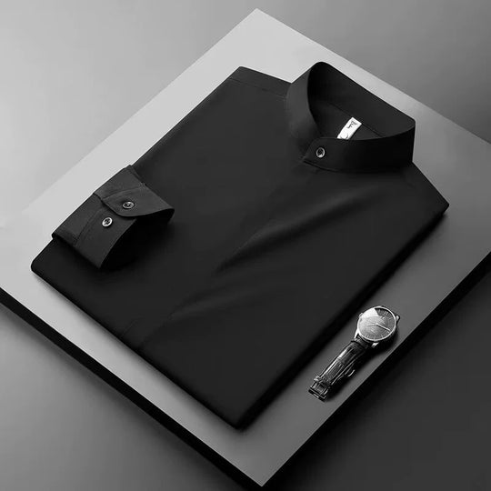 Stylish Stand-Up Collar Long-Sleeved Stretch Shirt - Slim Fit Non-Iron Casual Workwear for Men - captivatingconversationsstarters