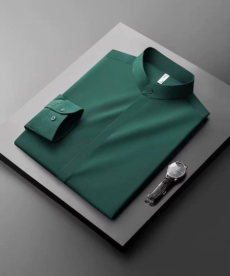Stylish Stand-Up Collar Long-Sleeved Stretch Shirt - Slim Fit Non-Iron Casual Workwear for Men - captivatingconversationsstarters