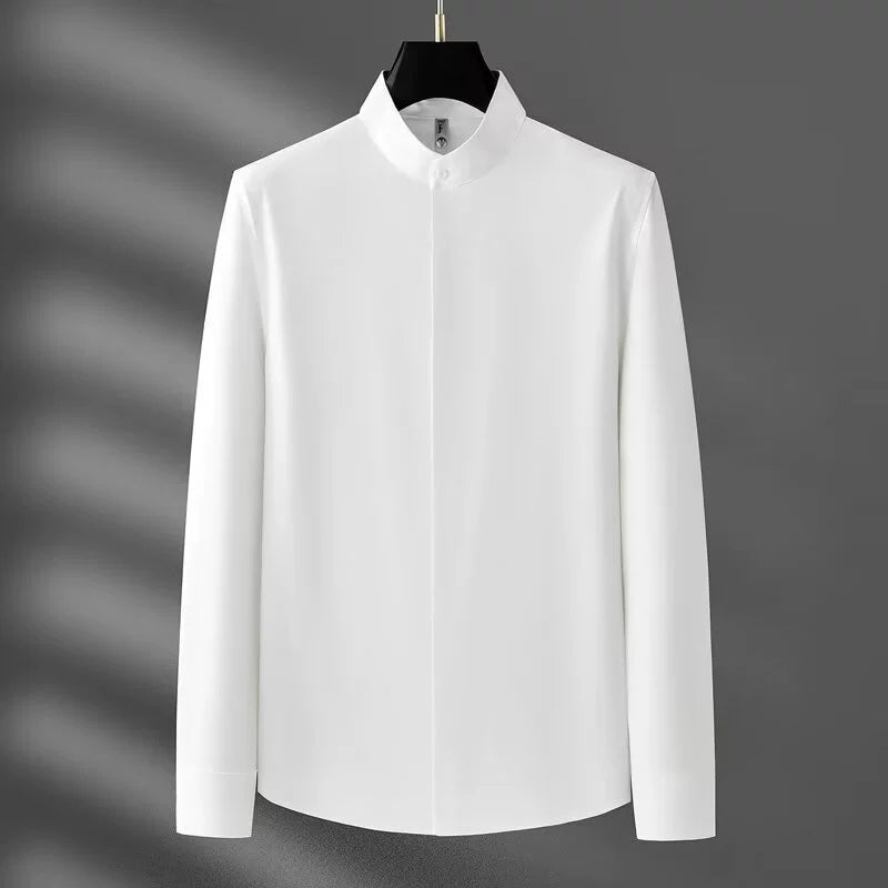 Stylish Stand-Up Collar Long-Sleeved Stretch Shirt - Slim Fit Non-Iron Casual Workwear for Men - captivatingconversationsstarters