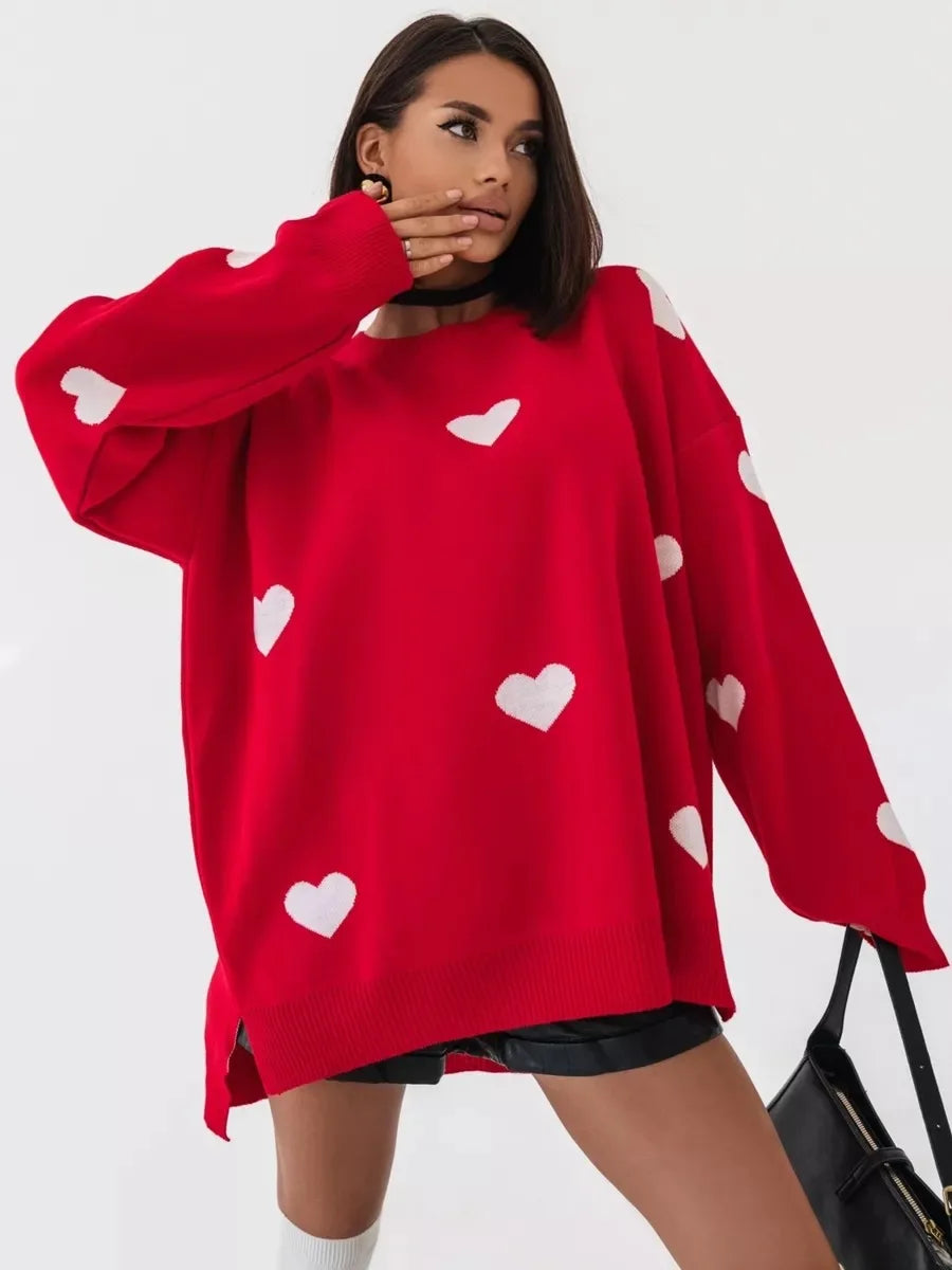 Autumn Winter Love Heart Knit Sweater – Casual Loose Pullover for Women | Cozy & Stylish Round Collar Top - captivatingconversationsstarters