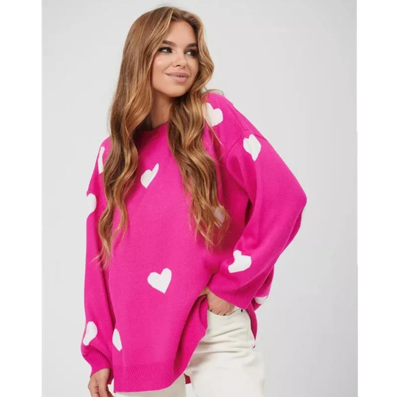 Autumn Winter Love Heart Knit Sweater – Casual Loose Pullover for Women | Cozy & Stylish Round Collar Top - captivatingconversationsstarters